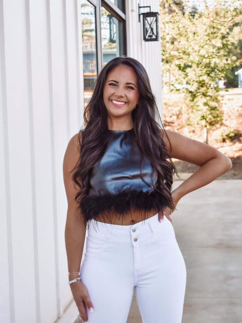 Black Faux Leather Feather Trim Party Top | Concert Sorority Going Out